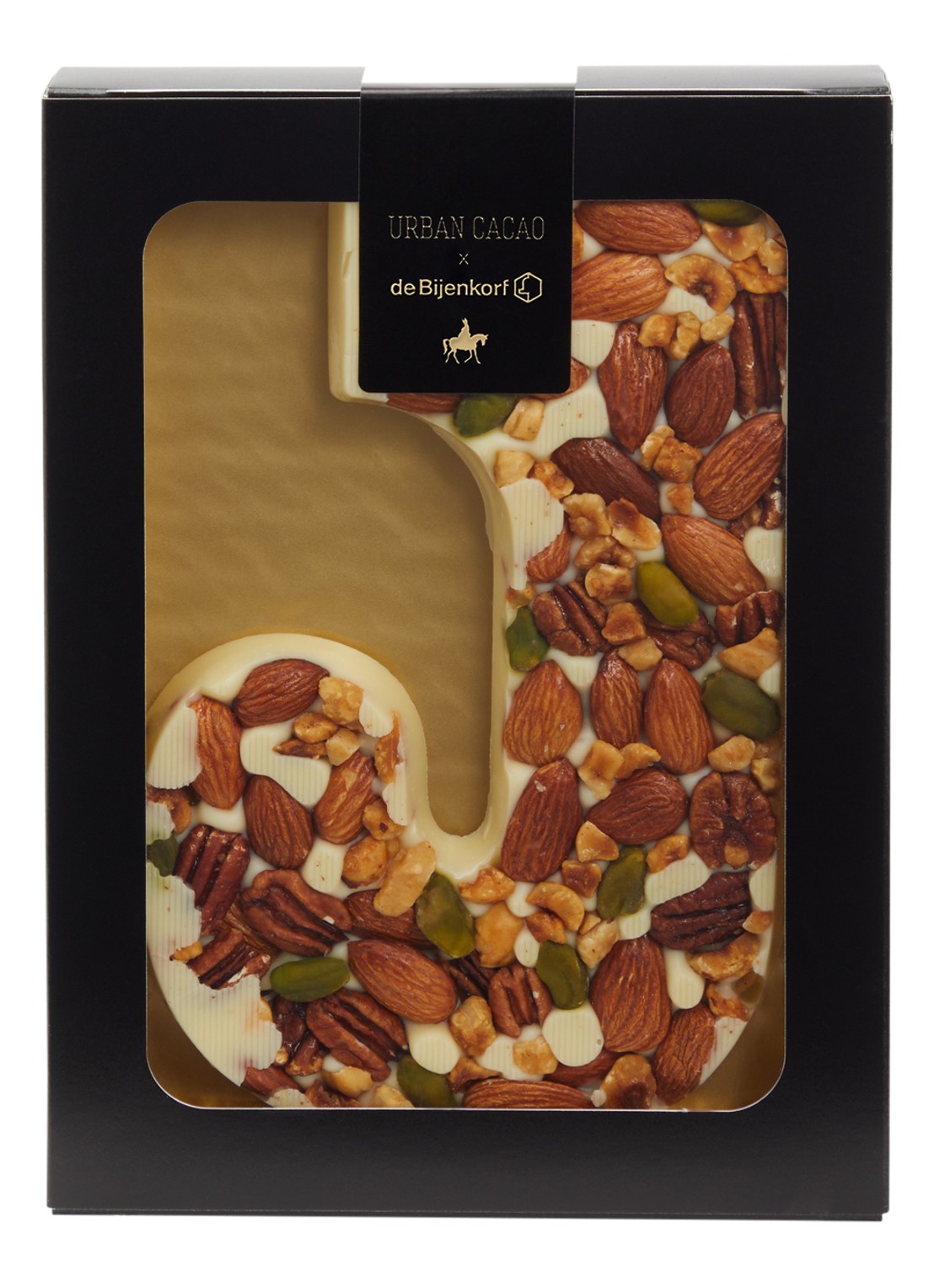 Urban Cacao Witte chocoladeletter met noten 180 gram - voorkant j