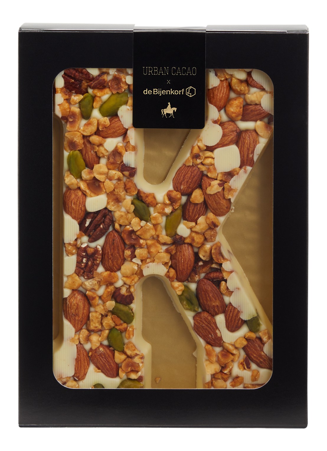 Urban Cacao Witte chocoladeletter met noten 180 gram - voorkant k