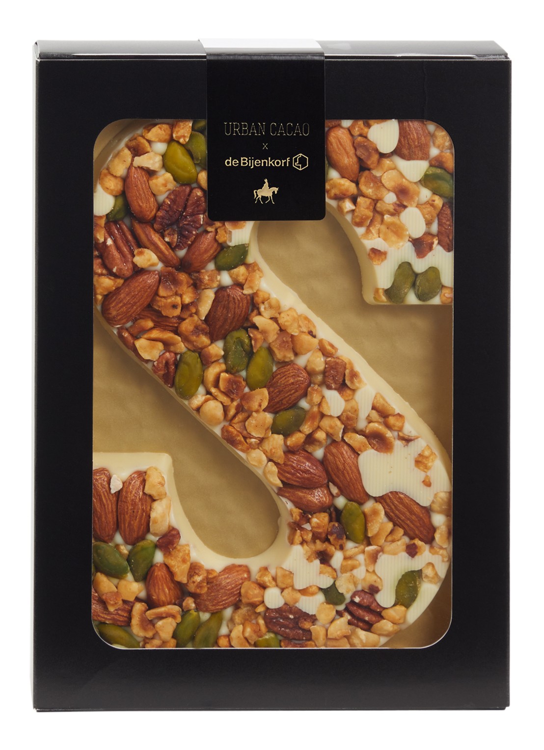 Urban Cacao Witte chocoladeletter met noten 180 gram - voorkant s