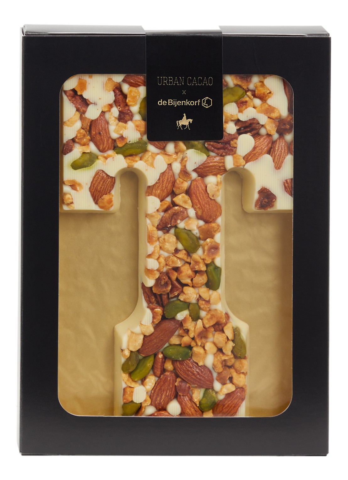 Urban Cacao Witte chocoladeletter met noten 180 gram - voorkant t
