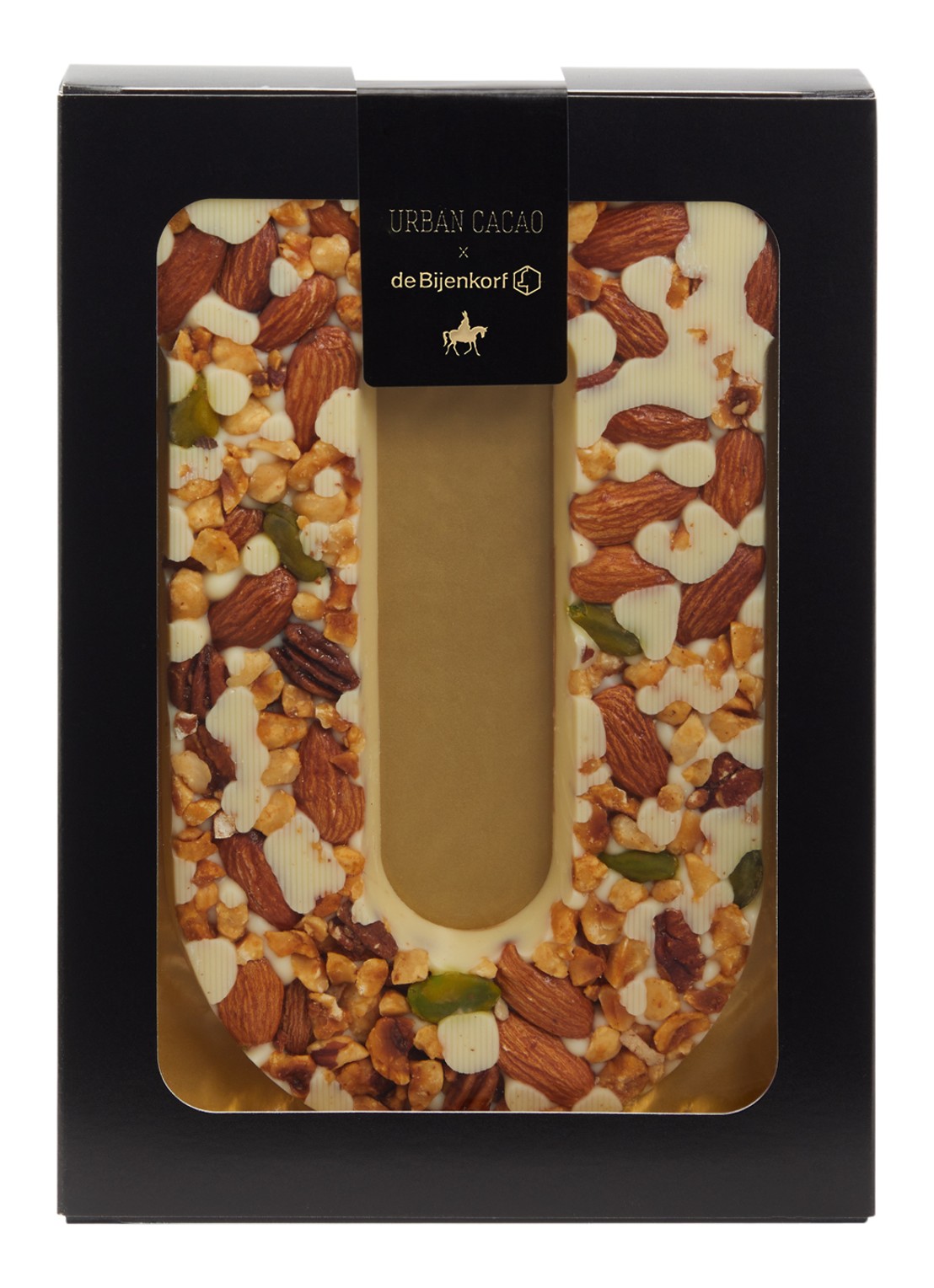 Urban Cacao Witte chocoladeletter met noten 180 gram - voorkant u