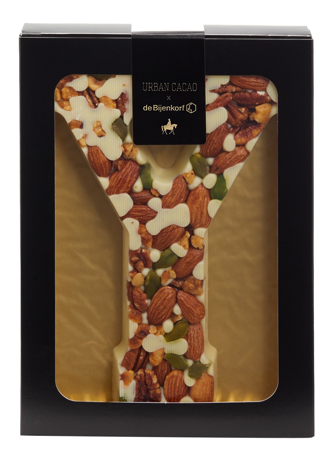 Urban Cacao Witte chocoladeletter met noten 180 gram - voorkant y