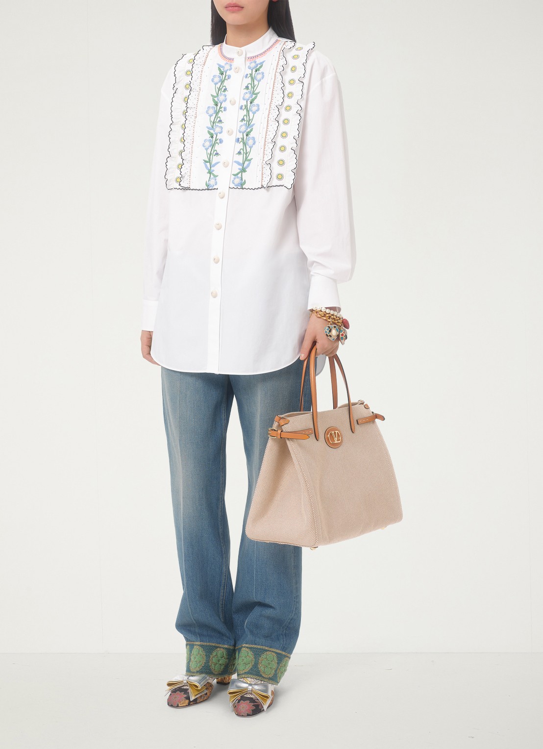 Valentino Garavani Antibes Medium shopper van canvas met leren details - voorkant 8 camel