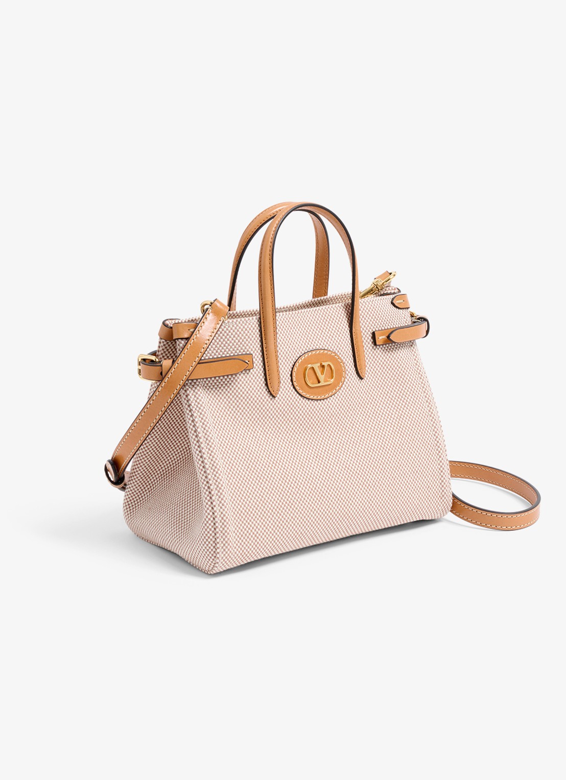 Valentino Garavani Antibes Small shopper van canvas met leren details - detail camel
