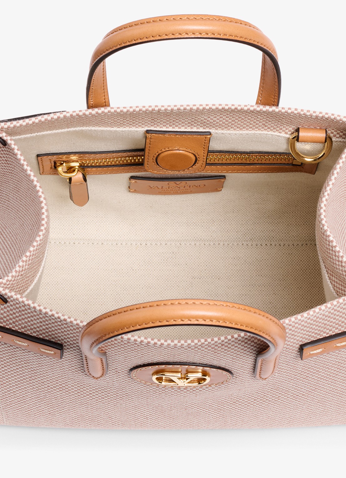 Valentino Garavani Antibes Small shopper van canvas met leren details - detail 3 camel