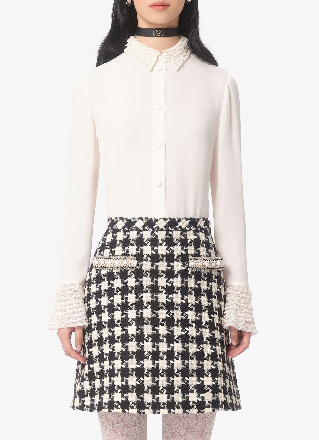 Valentino Garavani Blouse van zijde met details van kant - detail 3 gebroken wit