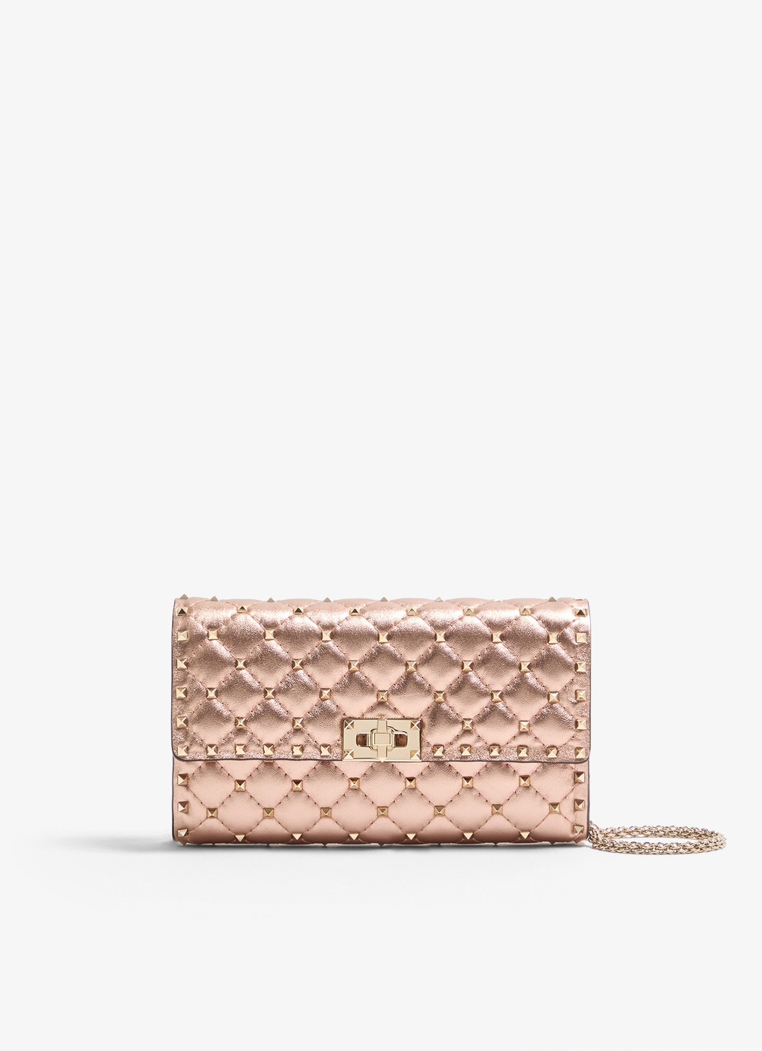 Valentino Garavani Crossbodytas van lamsleer met metallic finish en studs - voorkant 2 roze