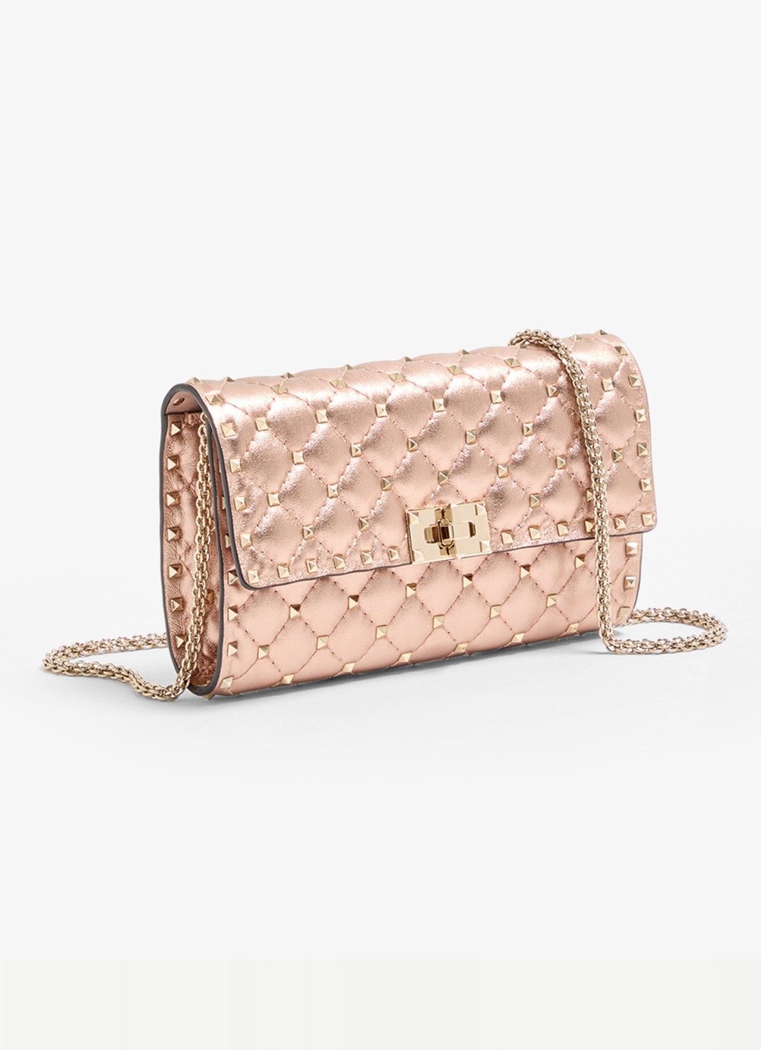 Valentino Garavani Crossbodytas van lamsleer met metallic finish en studs - voorkant 3 roze