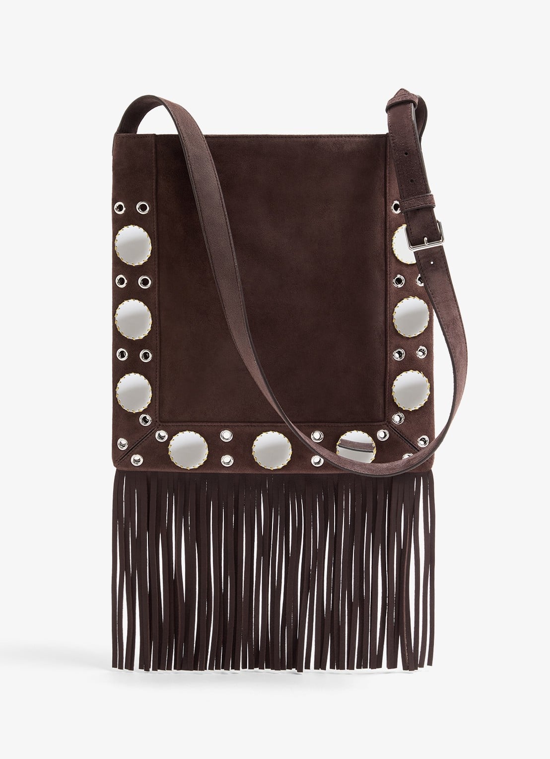 Valentino Garavani Crossbodytas van suède met borduring en franjes - voorkant donkerbruin