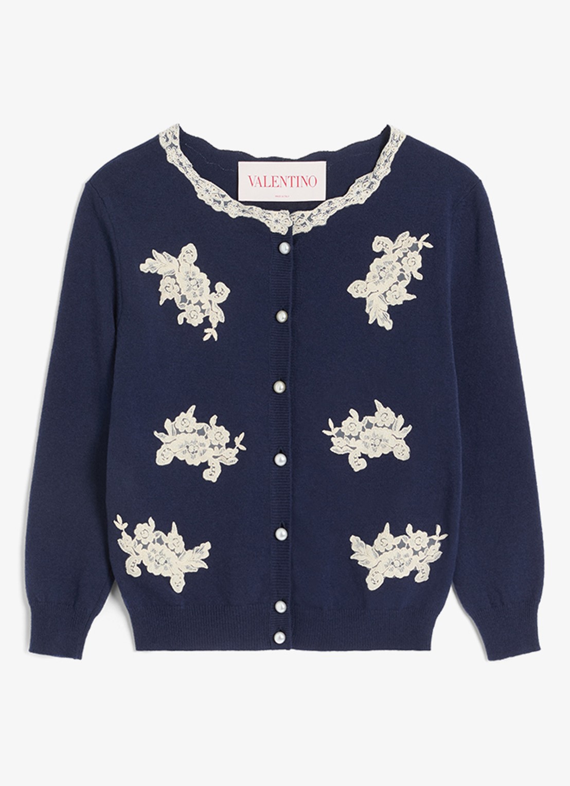 Valentino Garavani Fijngebreid vest van scheerwol met details van kant - voorkant 2 donkerblauw