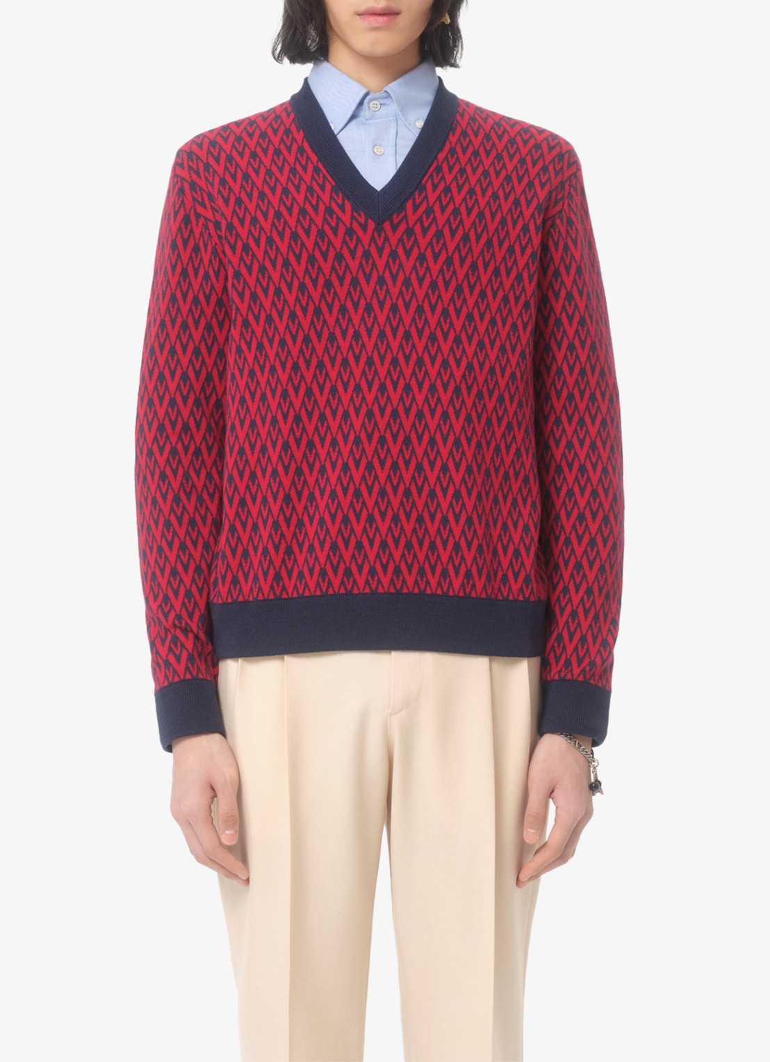 Valentino Garavani Fijngebreide pullover van scheerwol met ingebreid patroon - detail 2 donkerrood