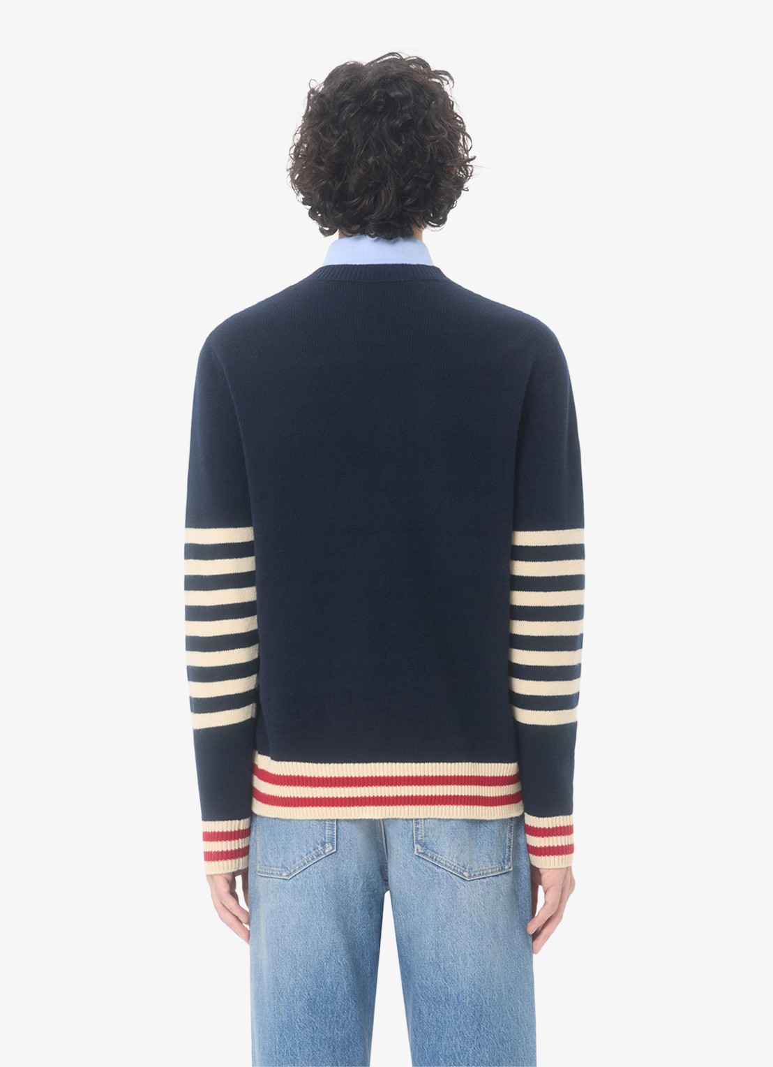 Valentino Garavani Fijngebreide pullover van scheerwol met streepprint - achterkant donkerblauw