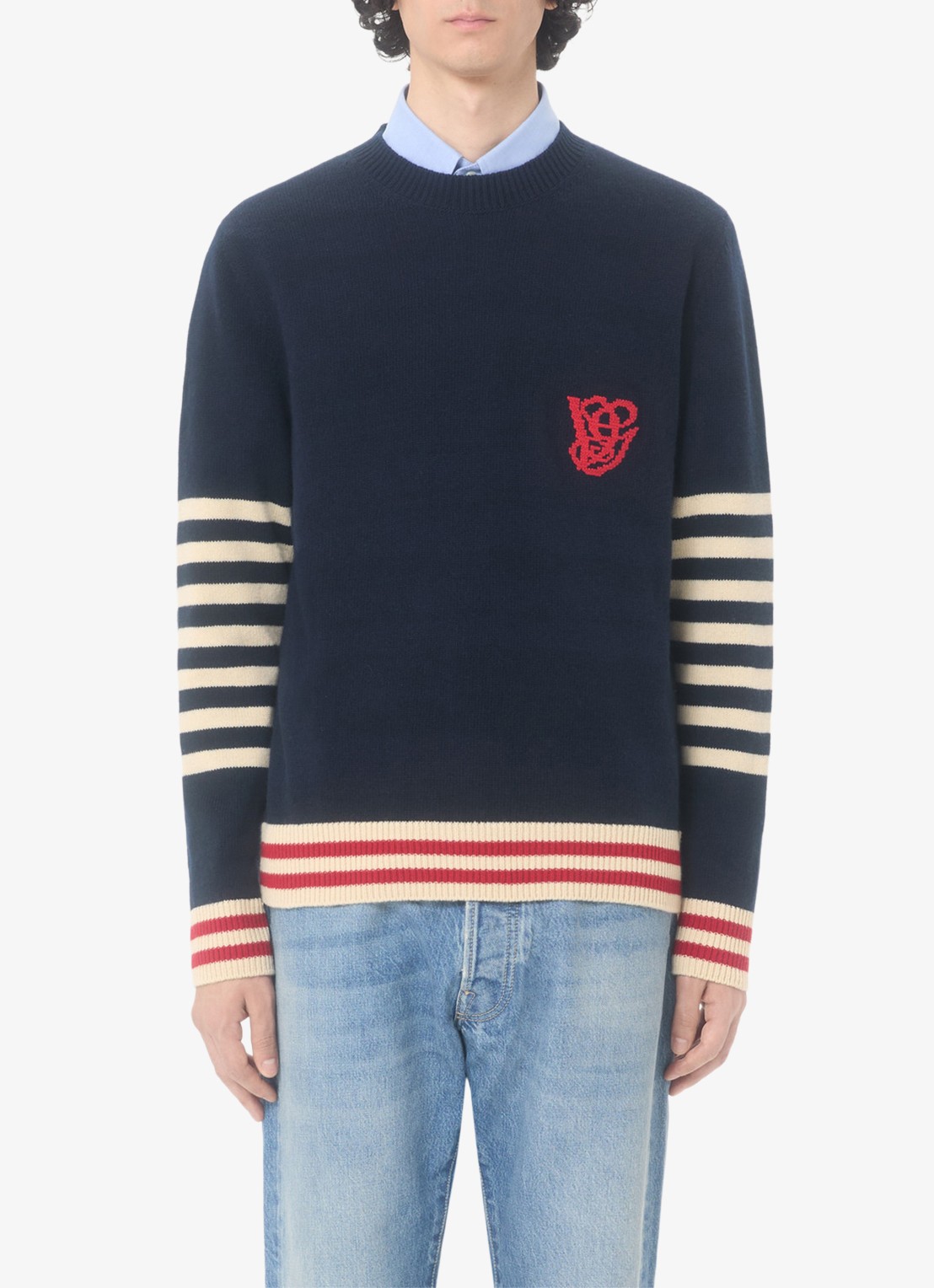 Valentino Garavani Fijngebreide pullover van scheerwol met streepprint - detail 2 donkerblauw