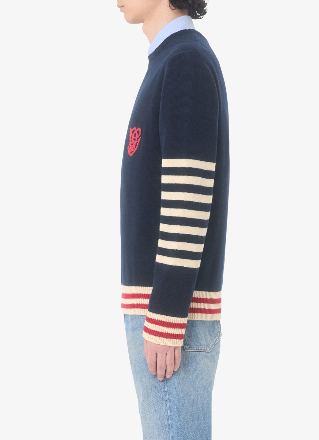 Valentino Garavani Fijngebreide pullover van scheerwol met streepprint - detail 3 donkerblauw