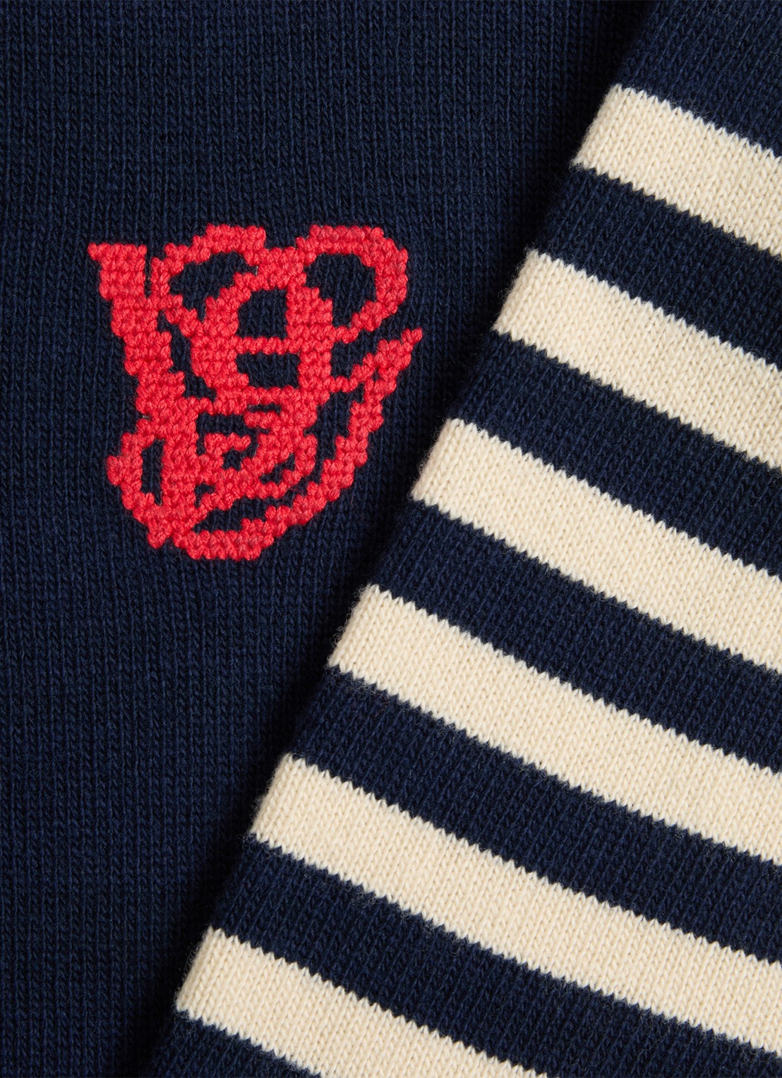 Valentino Garavani Fijngebreide pullover van scheerwol met streepprint - detail 5 donkerblauw