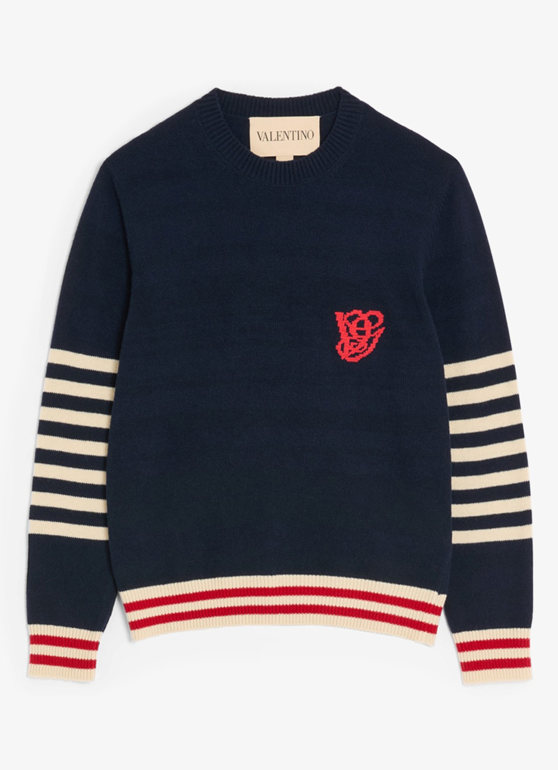 Valentino Garavani Fijngebreide pullover van scheerwol met streepprint - voorkant 6 donkerblauw