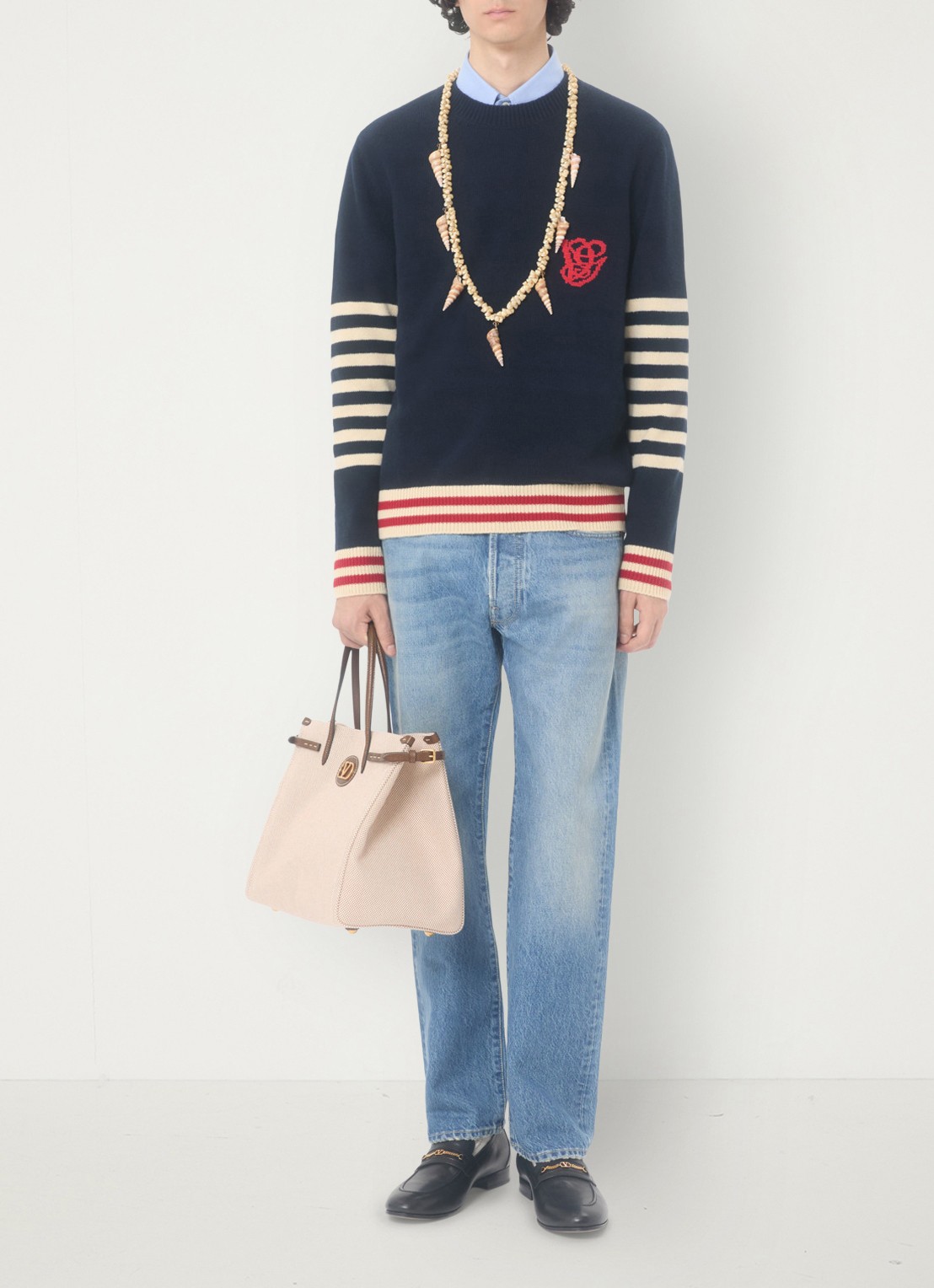 Valentino Garavani Fijngebreide pullover van scheerwol met streepprint - voorkant 7 donkerblauw