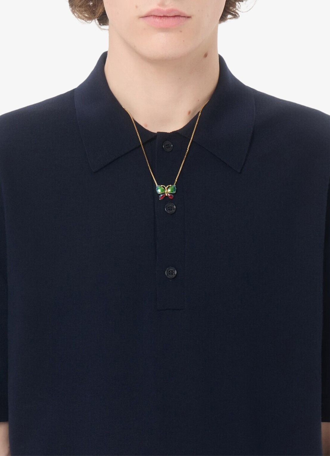 Valentino Garavani Fijngebreide regular fit polo van scheerwol - detail 4 donkerblauw