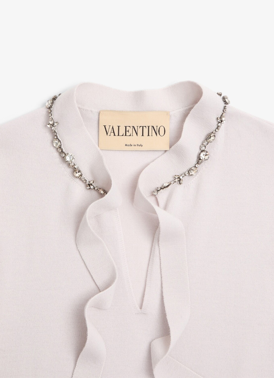 Valentino Garavani Fijngebreide top van scheerwol met strikkraag en strass - detail 8 lichtgrijs