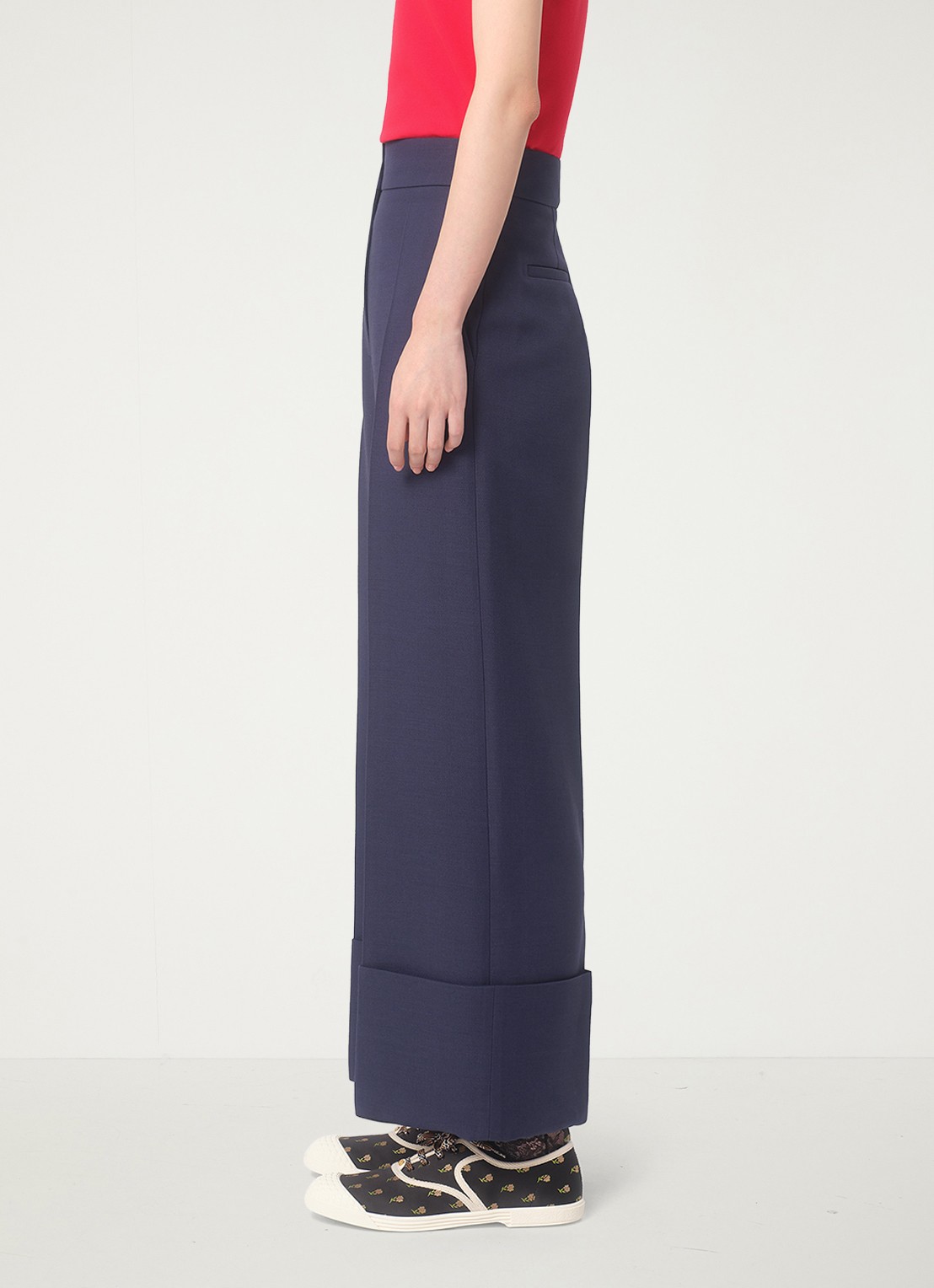 Valentino Garavani High waist loose fit pantalon in zijdeblend - detail 4 donkerblauw