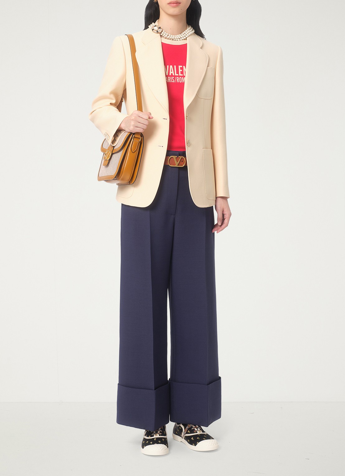 Valentino Garavani High waist loose fit pantalon in zijdeblend - voorkant 2 donkerblauw