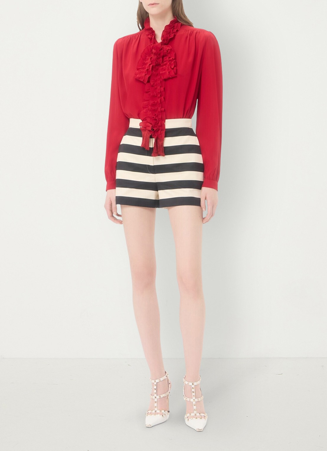 Valentino Garavani High waist straight fit korte broek met streepprint - voorkant 2 zwart