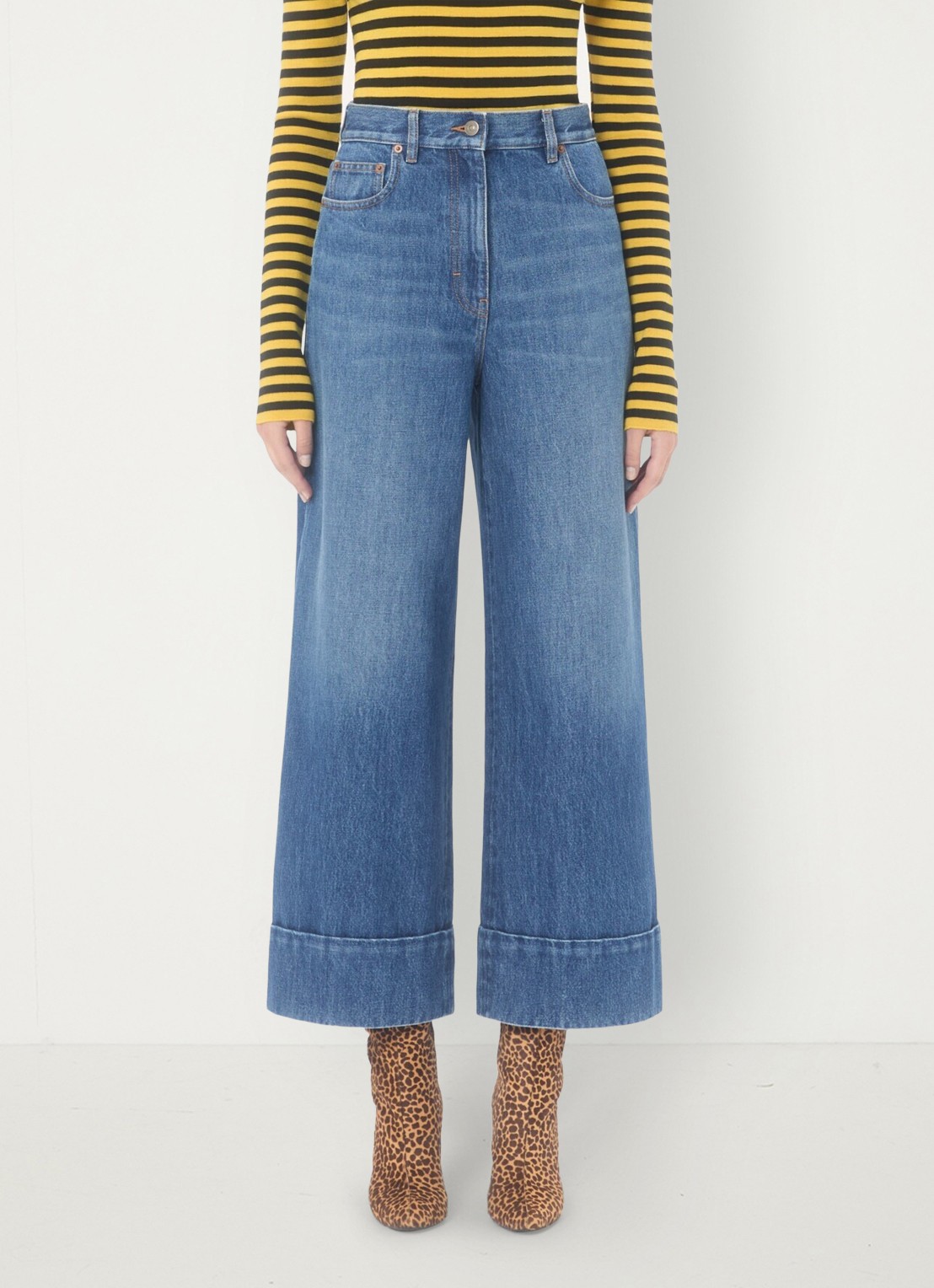 Valentino Garavani High waist wide leg cropped jeans met medium wassing - detail 4 indigo