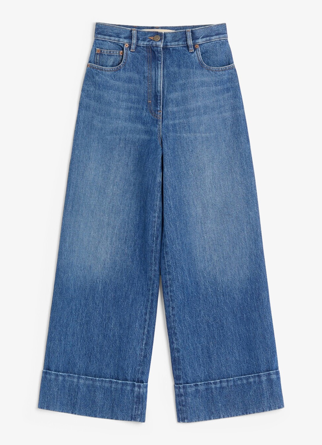 Valentino Garavani High waist wide leg cropped jeans met medium wassing - voorkant 2 indigo