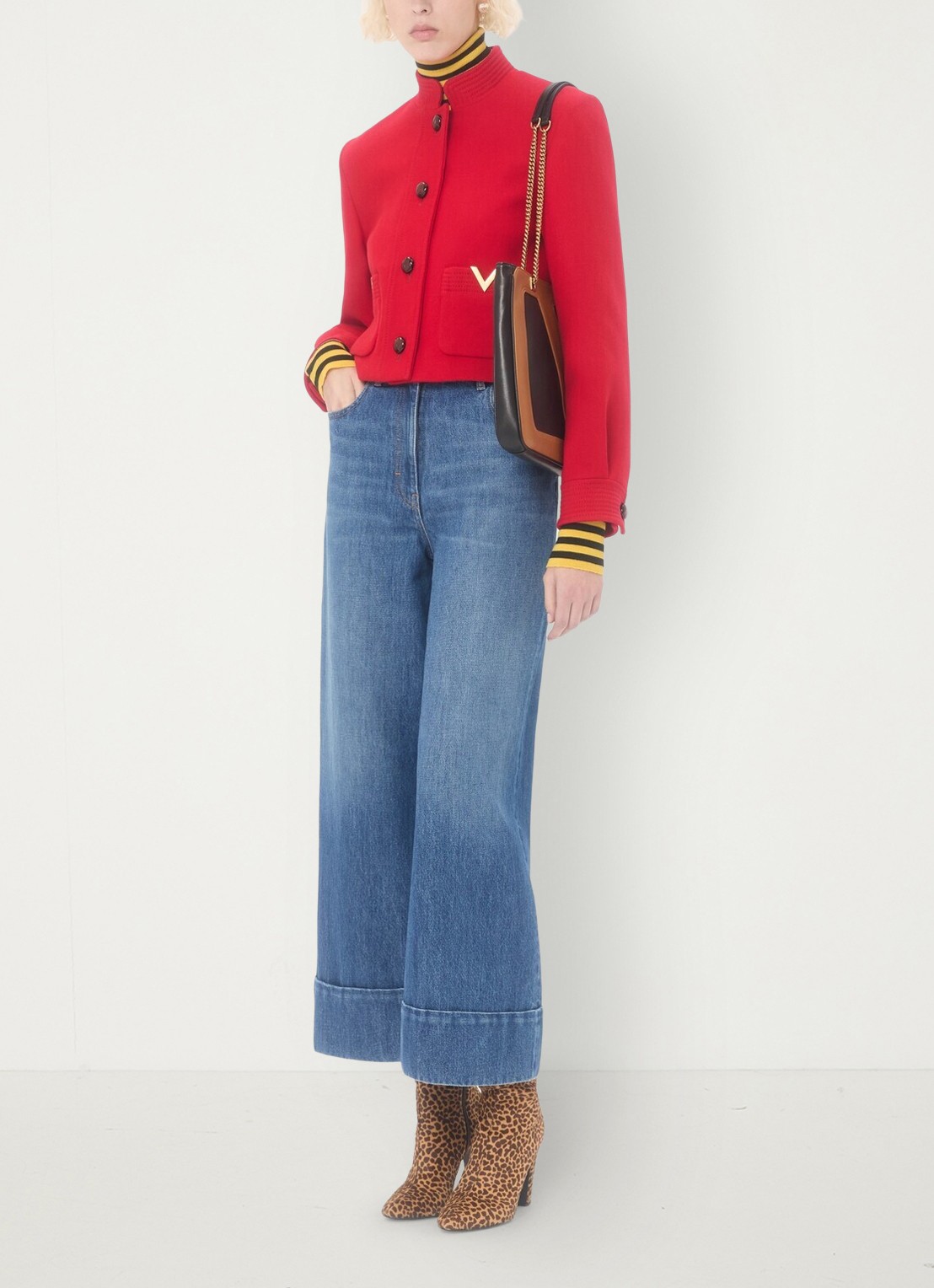 Valentino Garavani High waist wide leg cropped jeans met medium wassing - voorkant 3 indigo