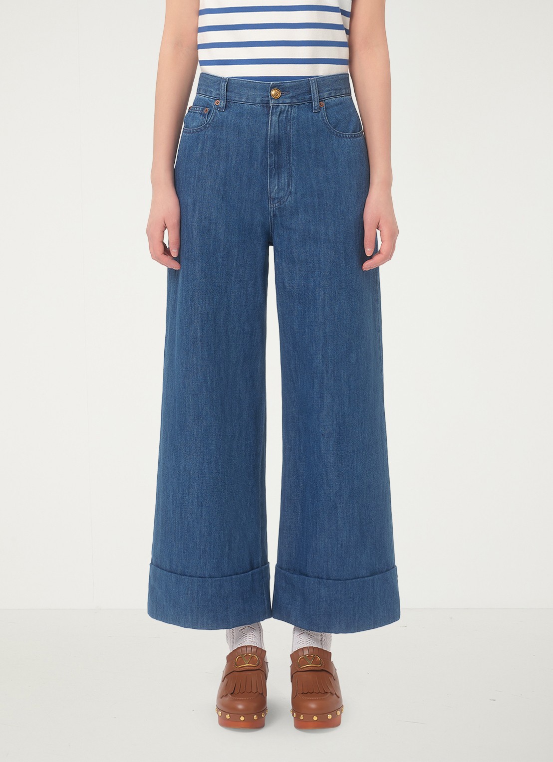 Valentino Garavani High waist wide leg jeans met medium wassing - detail 2 indigo