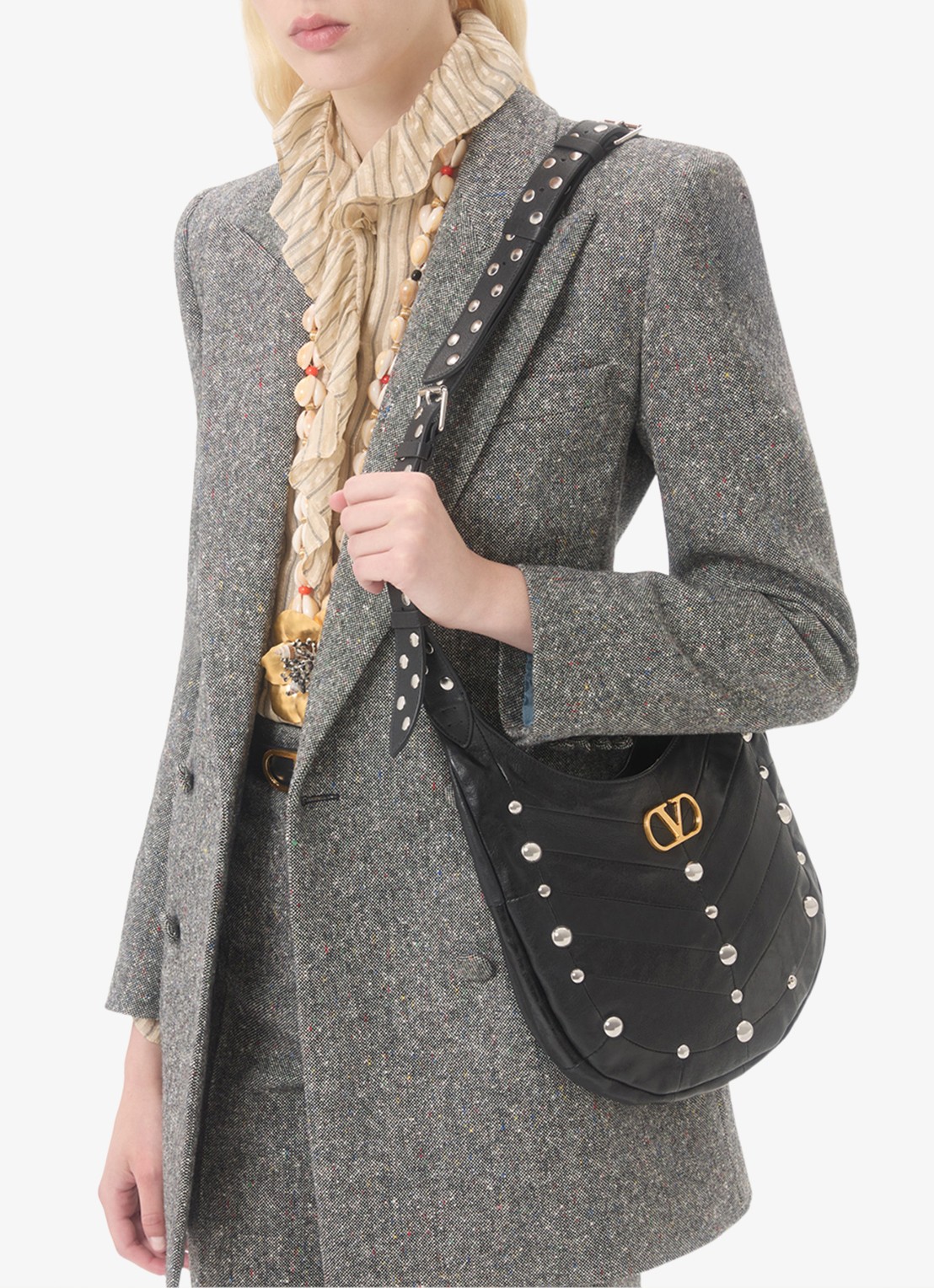 Valentino Garavani Hoboho Small schoudertas van lamsleer met studs - voorkant 8 zwart