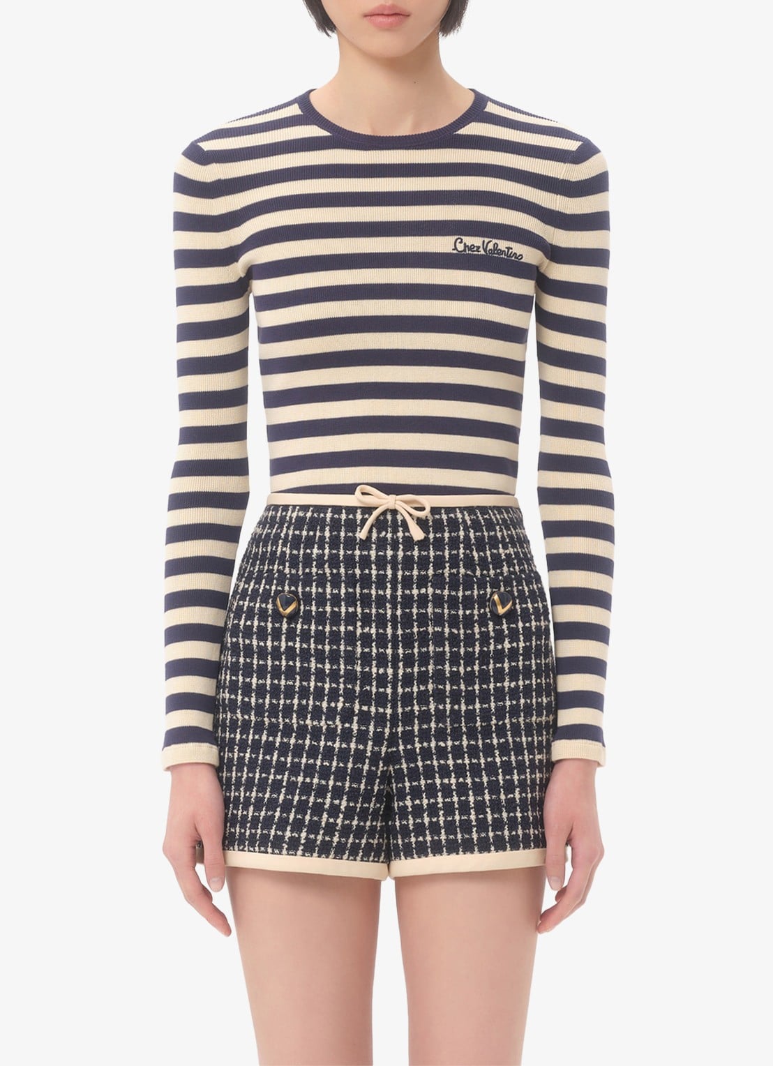 Valentino Garavani Longsleeve met logoborduring en streepprint - detail 4 donkerblauw