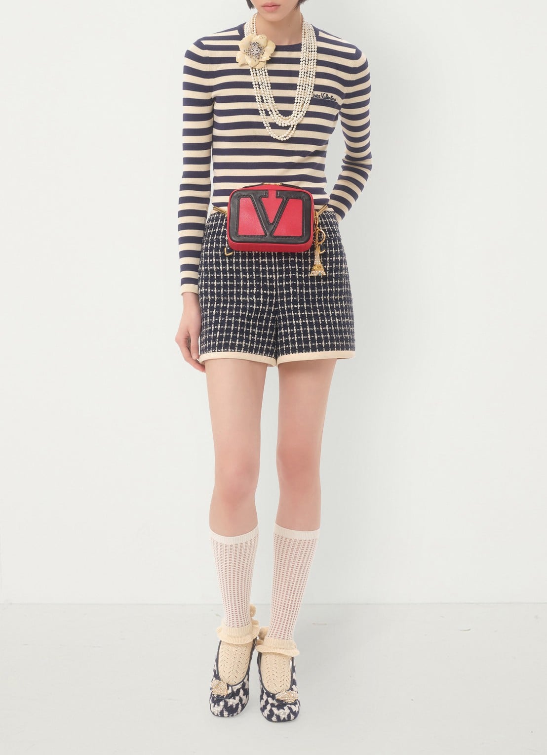 Valentino Garavani Longsleeve met logoborduring en streepprint - voorkant 2 donkerblauw