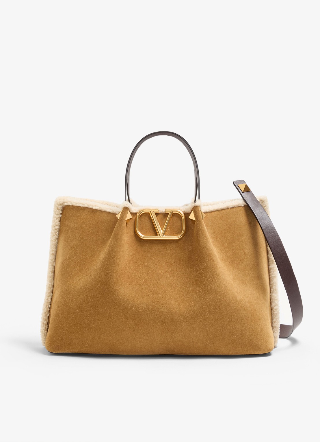 Valentino Garavani Medium shopper van kalfssuède met schapenvacht - voorkant 5 camel