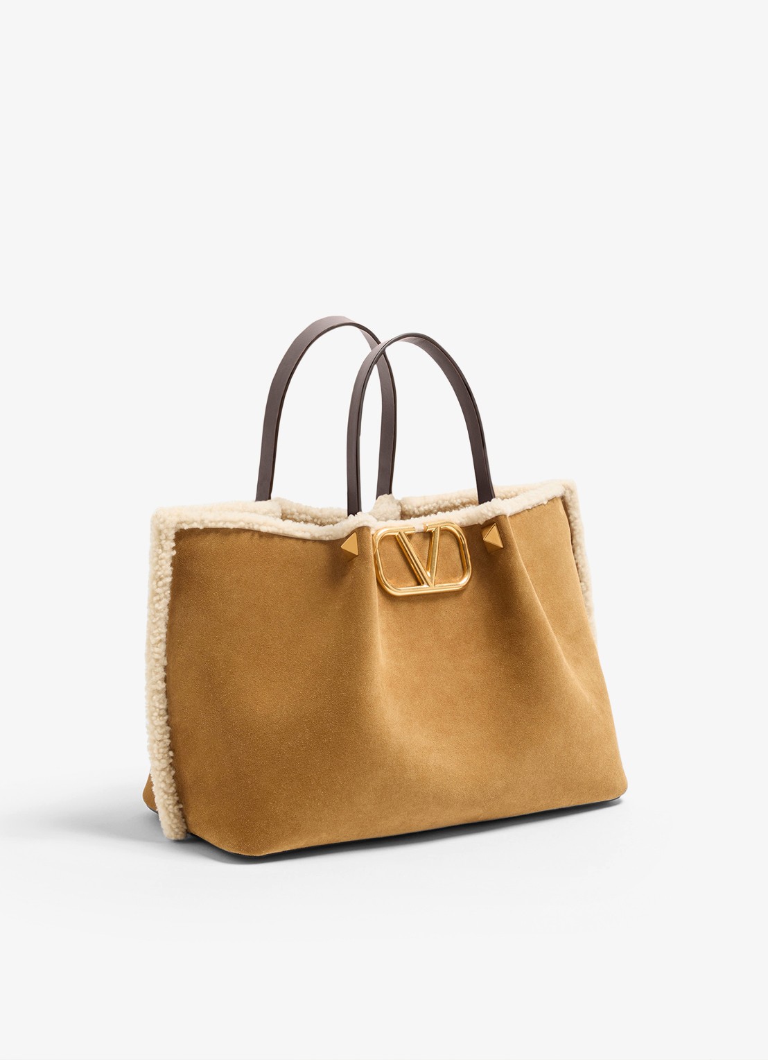Valentino Garavani Medium shopper van kalfssuède met schapenvacht - voorkant 6 camel