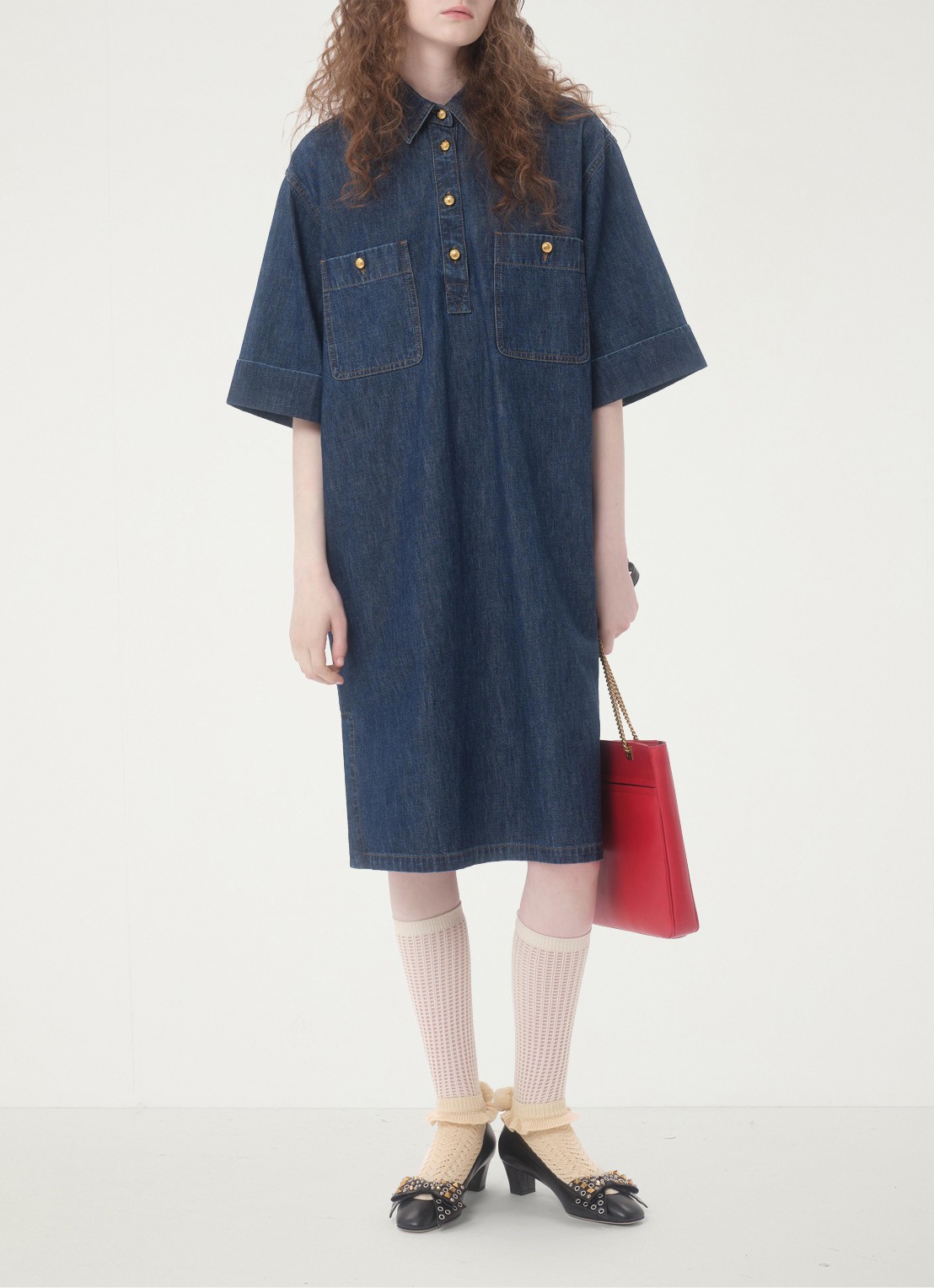 Valentino Garavani Midi blousejurk van denim met borstzakken - voorkant 3 indigo