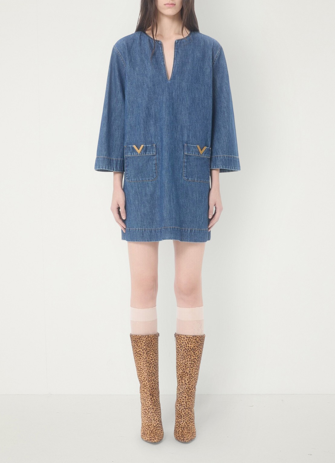 Valentino Garavani Mini tuniekjurk van chambray met opgestikte zakken - detail 4 indigo