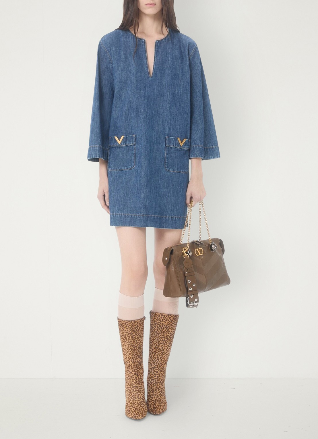 Valentino Garavani Mini tuniekjurk van chambray met opgestikte zakken - voorkant 3 indigo
