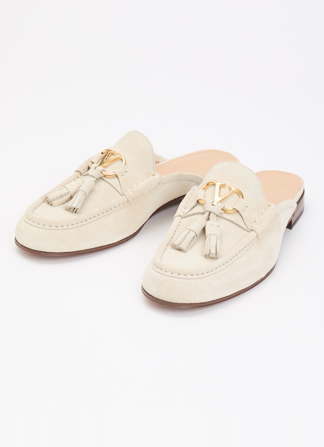 Valentino Garavani Muiltje van suède met franjes - detail beige