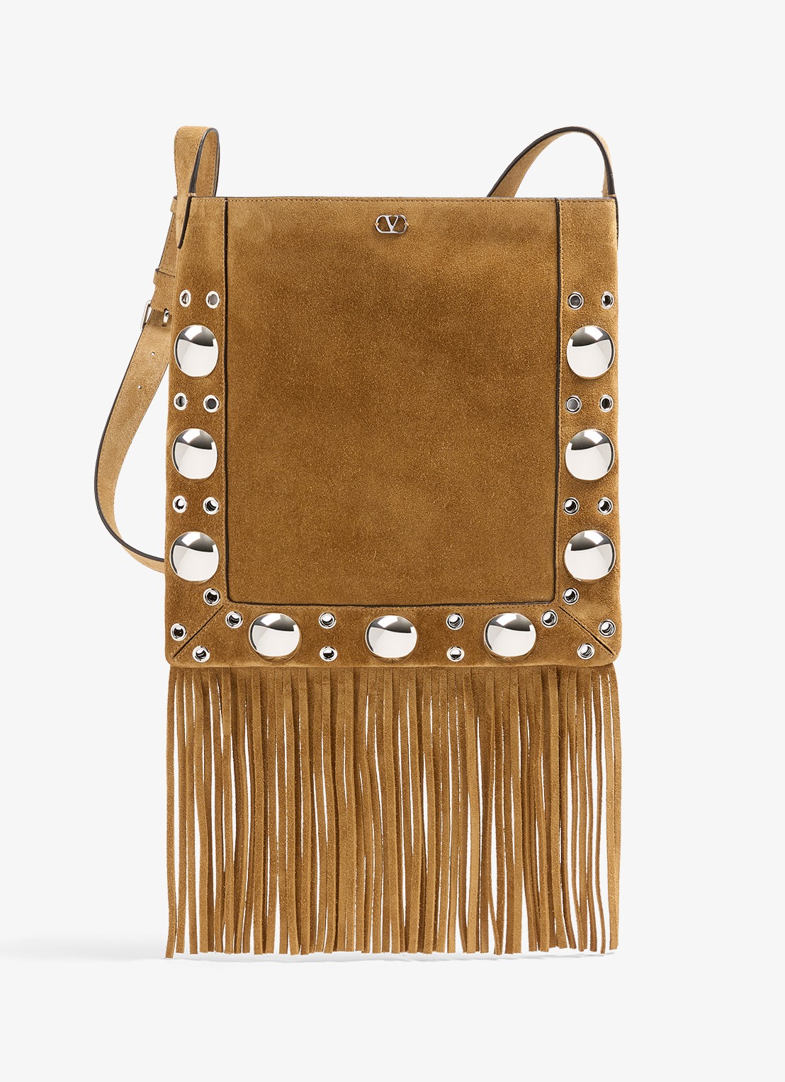 Valentino Garavani Nellcôte crossbodytas van suède met studs en franjes - voorkant bruin
