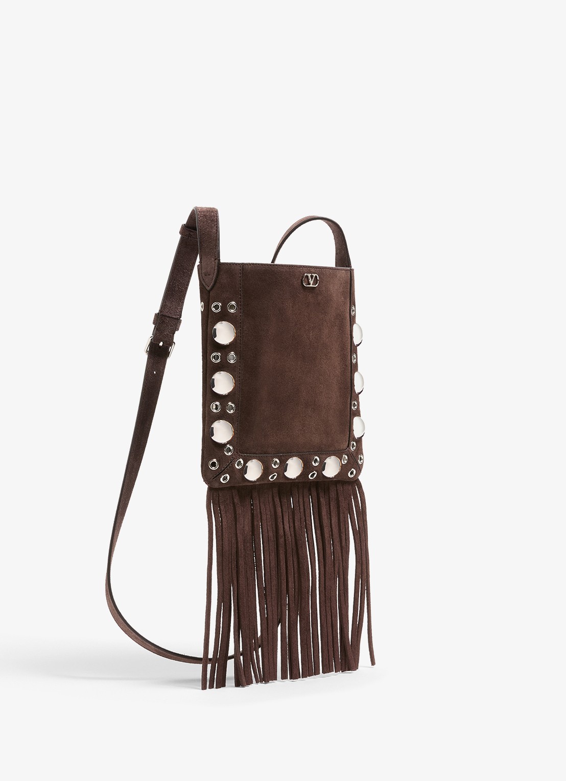 Valentino Garavani Nellcôte Small crossbodytas van suède met studs en franjes - detail 3 bruin