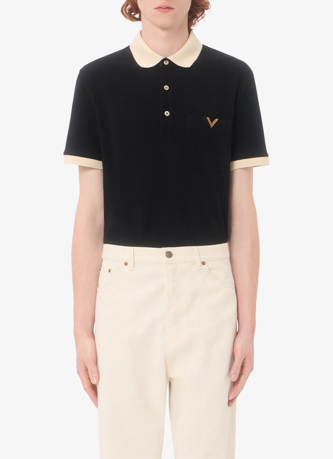 Valentino Garavani Regular fit polo van piqué katoen met borstzak - detail 2 zwart