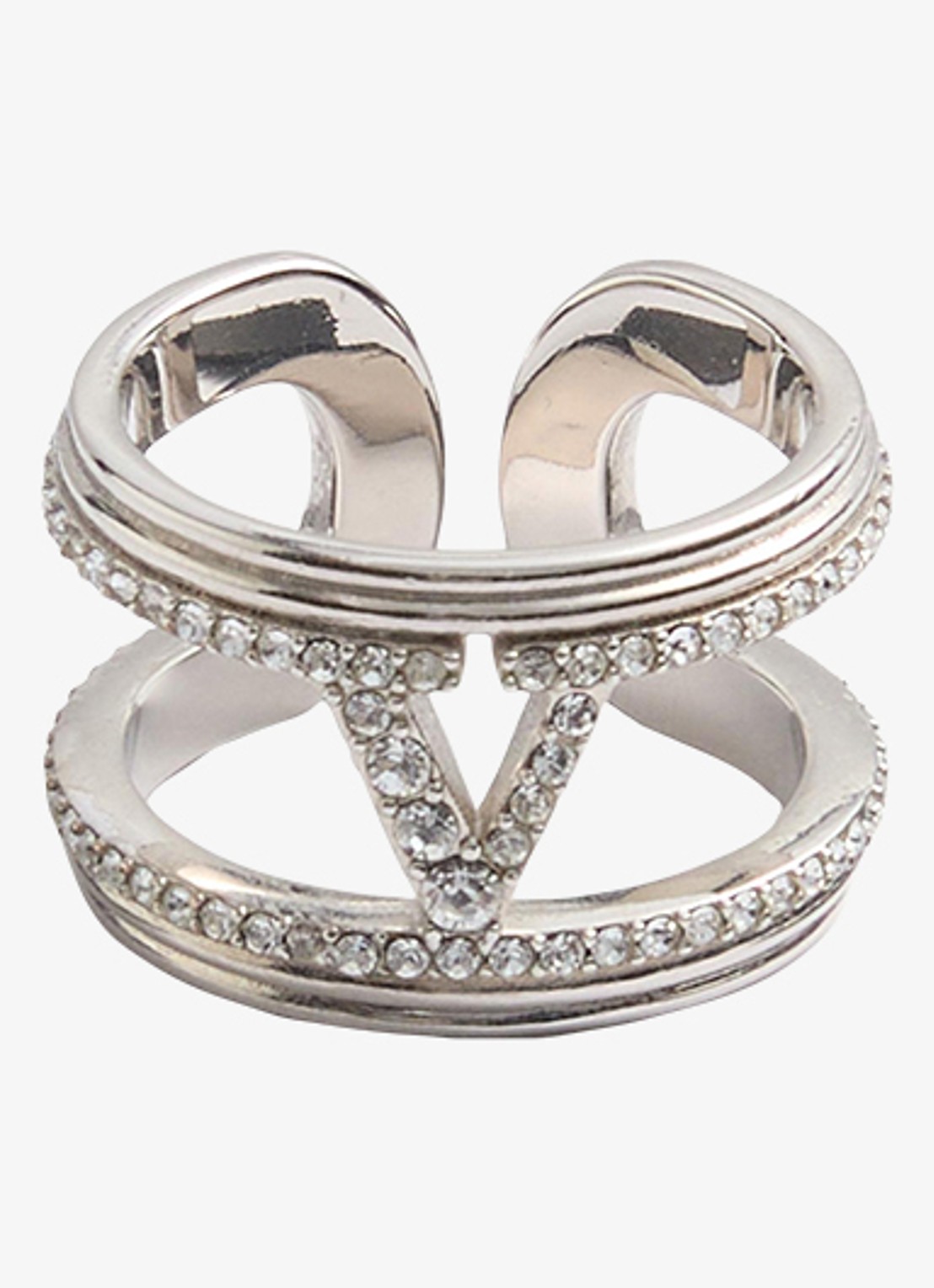 Valentino Garavani Ring met logo en kristal - voorkant 4 zilver