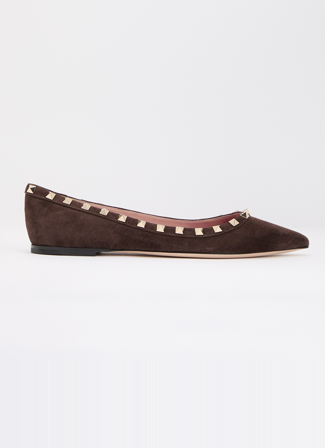 Valentino Garavani Rockstud ballerina van suède met studs - voorkant 6 donkerbruin