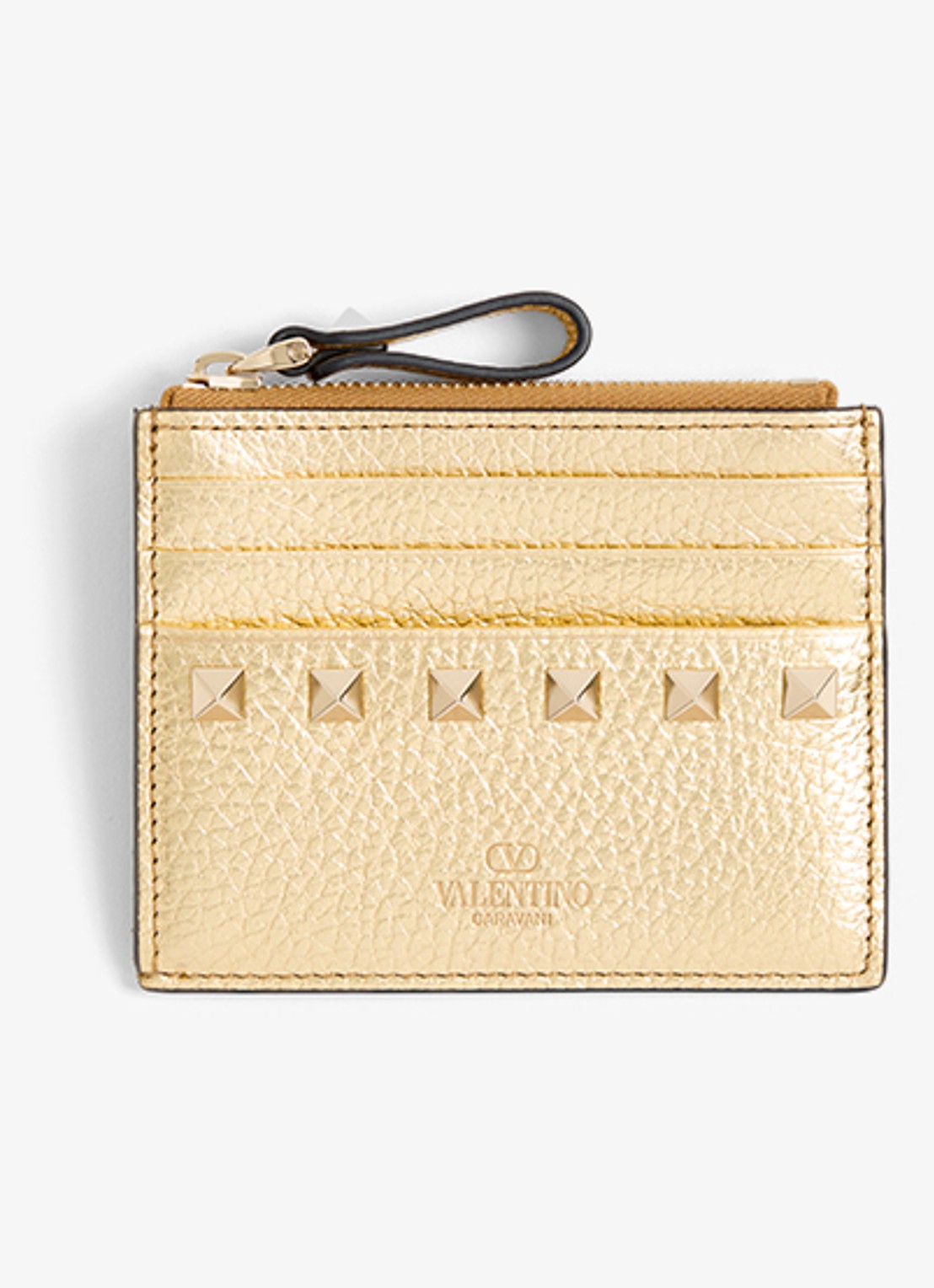 Valentino Garavani Rockstud pasjeshouder van kalfsleer met metallic finish en studs - voorkant goud