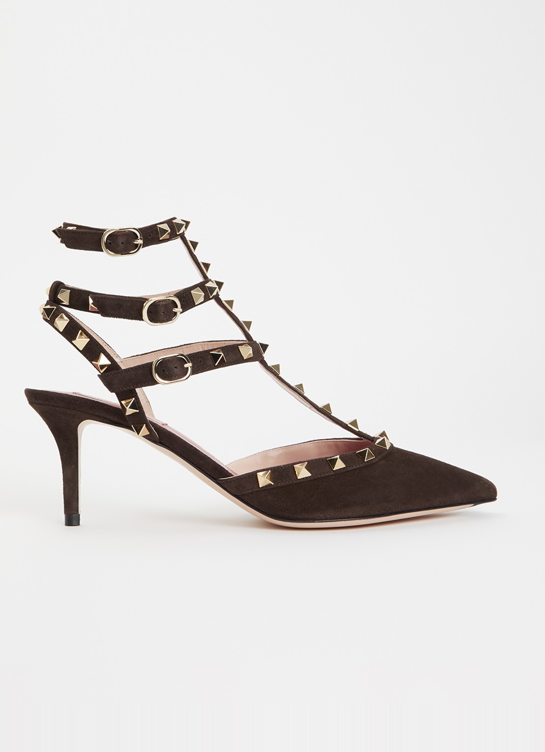 Valentino Garavani Rockstud pump van suède met studs - voorkant 6 donkerbruin