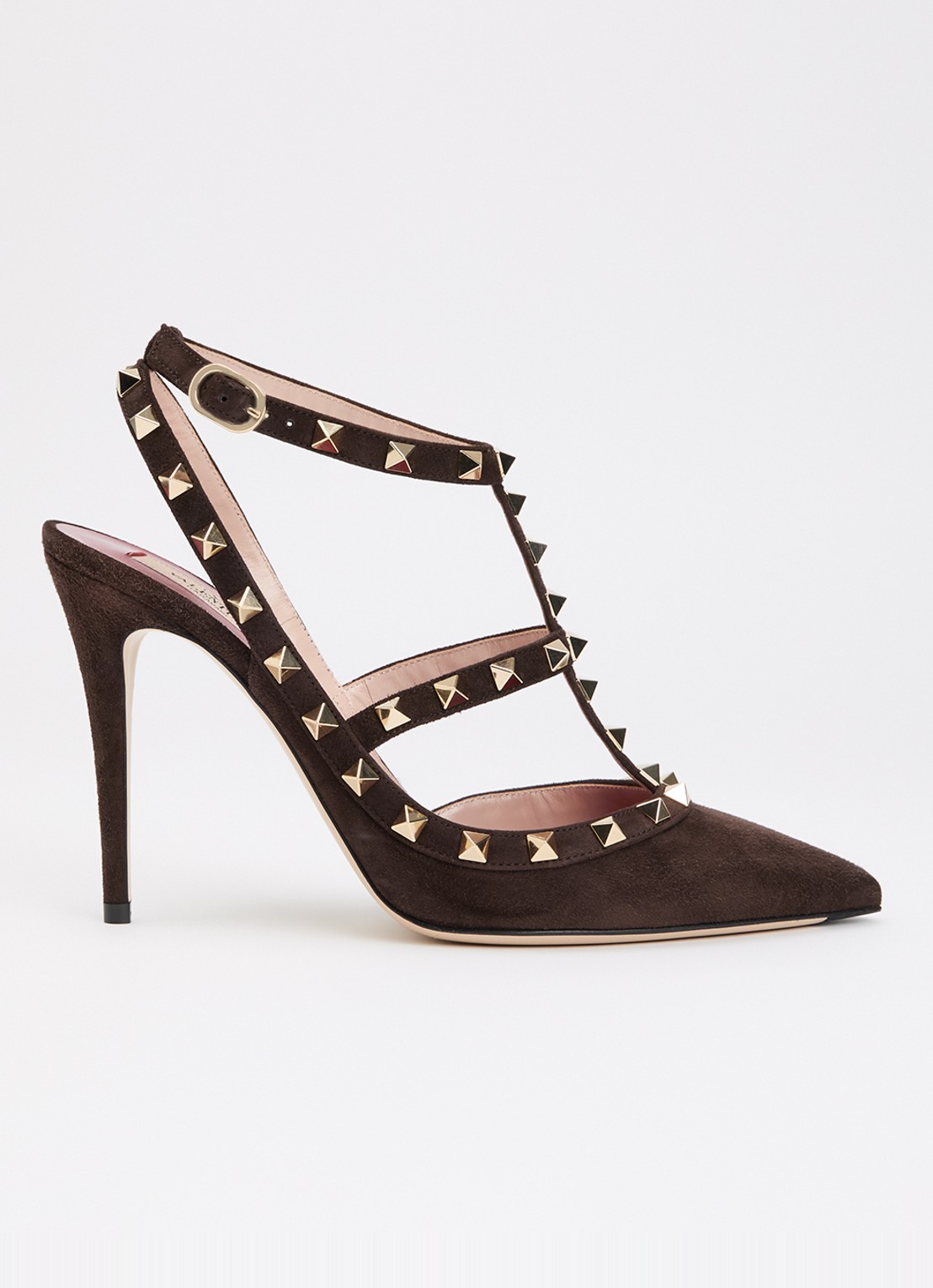 Valentino Garavani Rockstud pump van suède met studs - voorkant 6 donkerbruin