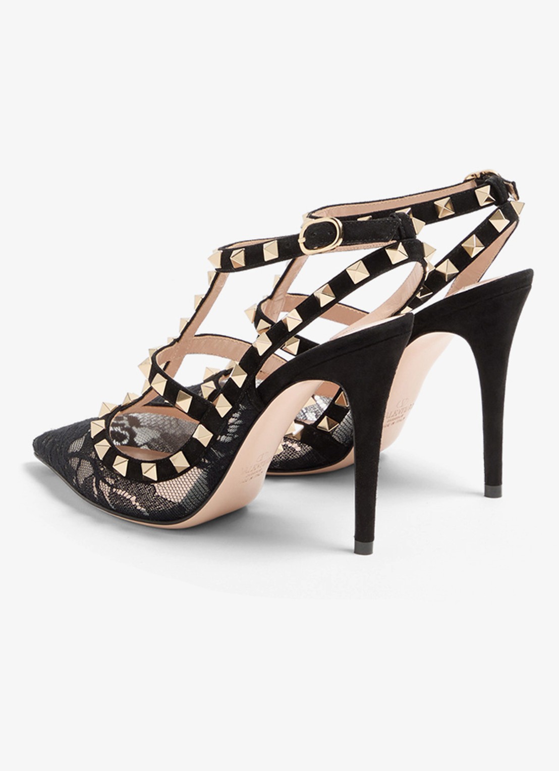 Valentino Garavani Rockstud sandalette van geitensuède met kant - achterkant zwart
