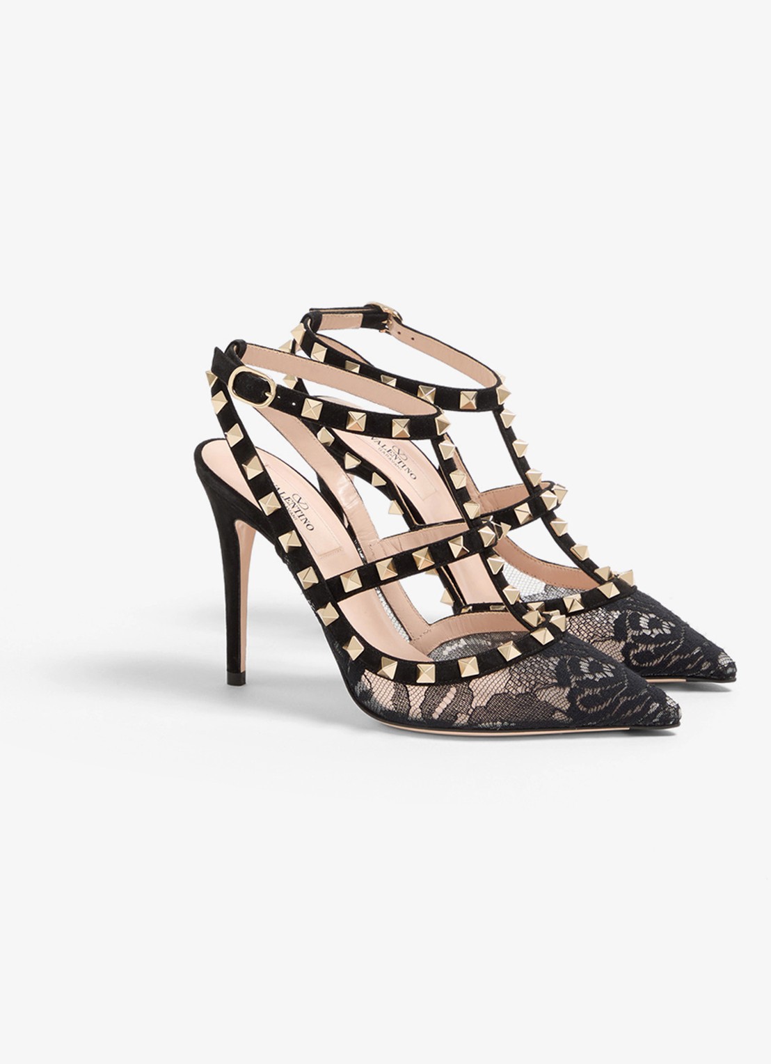 Valentino Garavani Rockstud sandalette van geitensuède met kant - detail 4 zwart