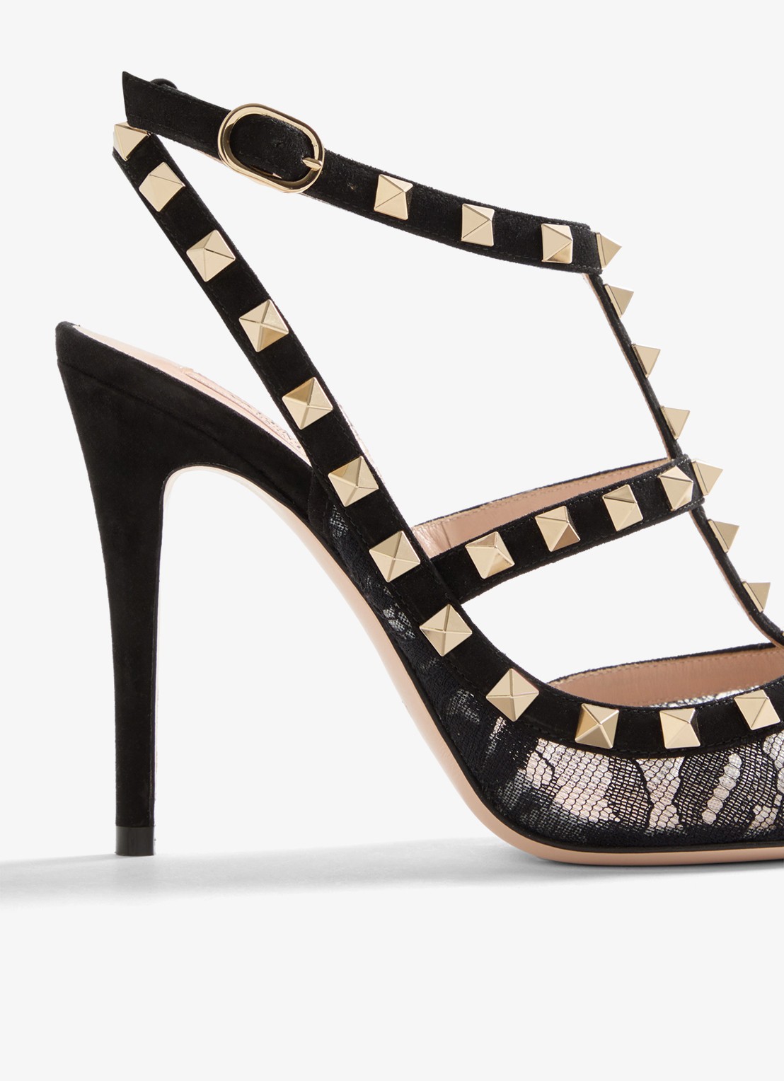 Valentino Garavani Rockstud sandalette van geitensuède met kant - detail 6 zwart